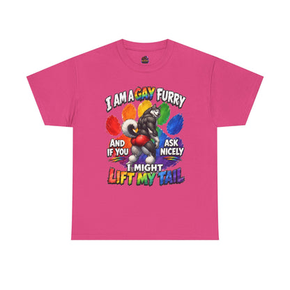 Gay Furry “I Am a Gay Furry and if You Ask Nicely I Might Lift My Tail” T-Shirt – Funny LGBTQ+ Husky Pride Tee