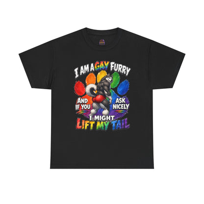 Gay Furry “I Am a Gay Furry and if You Ask Nicely I Might Lift My Tail” T-Shirt – Funny LGBTQ+ Husky Pride Tee