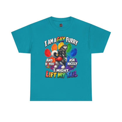 Gay Furry “I Am a Gay Furry and if You Ask Nicely I Might Lift My Tail” T-Shirt – Funny LGBTQ+ Husky Pride Tee