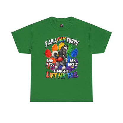 Gay Furry “I Am a Gay Furry and if You Ask Nicely I Might Lift My Tail” T-Shirt – Funny LGBTQ+ Husky Pride Tee