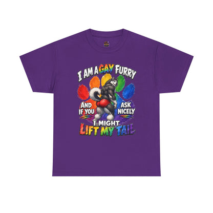 Gay Furry “I Am a Gay Furry and if You Ask Nicely I Might Lift My Tail” T-Shirt – Funny LGBTQ+ Husky Pride Tee