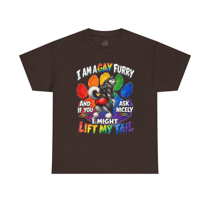 Gay Furry “I Am a Gay Furry and if You Ask Nicely I Might Lift My Tail” T-Shirt – Funny LGBTQ+ Husky Pride Tee
