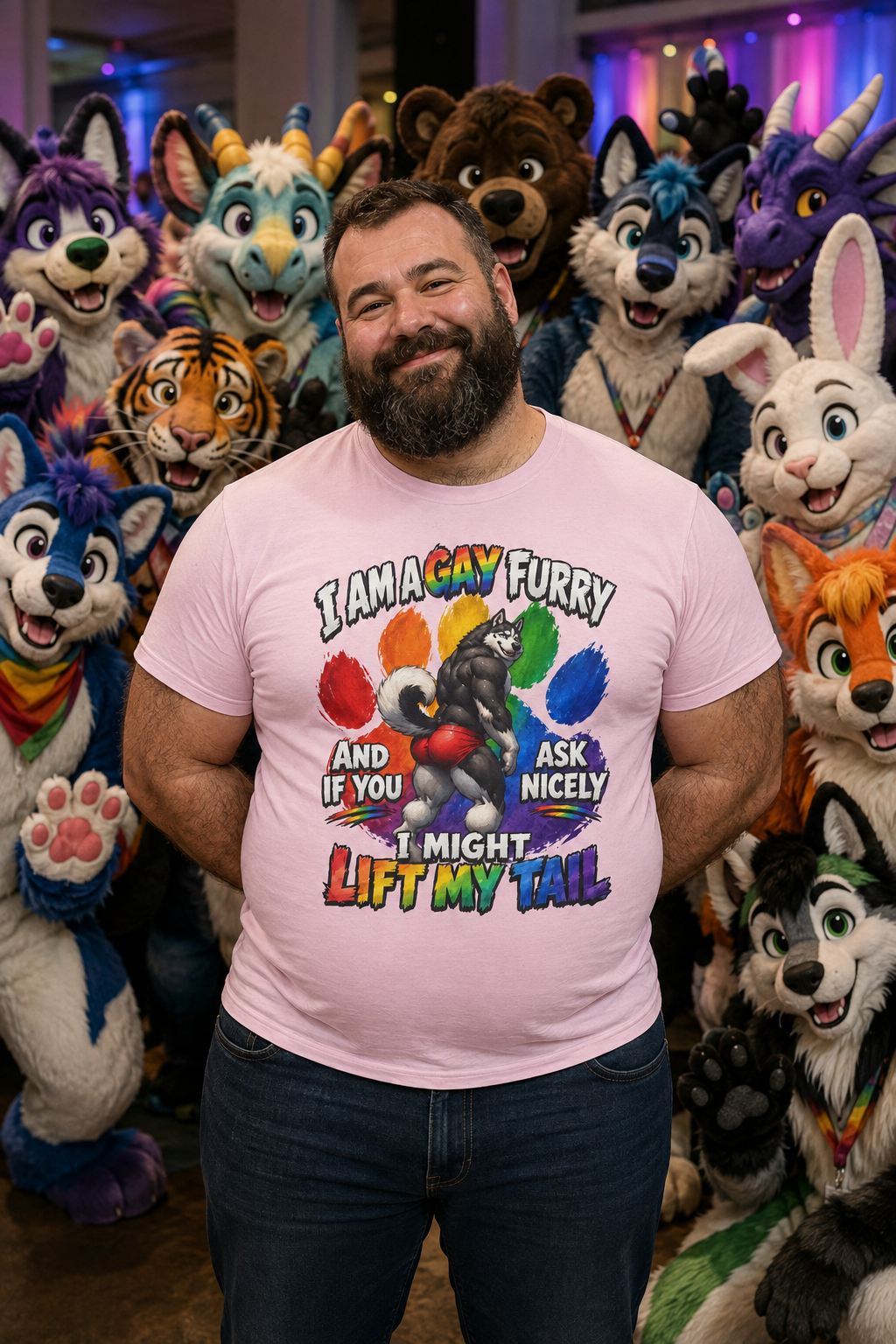 Gay Furry “I Am a Gay Furry and if You Ask Nicely I Might Lift My Tail” T-Shirt – Funny LGBTQ+ Husky Pride Tee