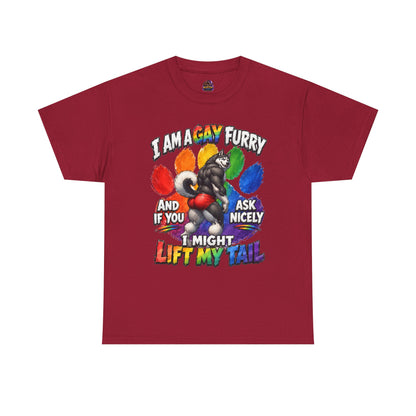 Gay Furry “I Am a Gay Furry and if You Ask Nicely I Might Lift My Tail” T-Shirt – Funny LGBTQ+ Husky Pride Tee